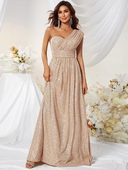 Tiara One Shoulder Sleeveless Elegant Sequined Maxi Dress