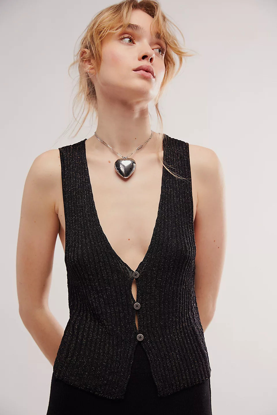 Wool Button Cardigan Vest Black