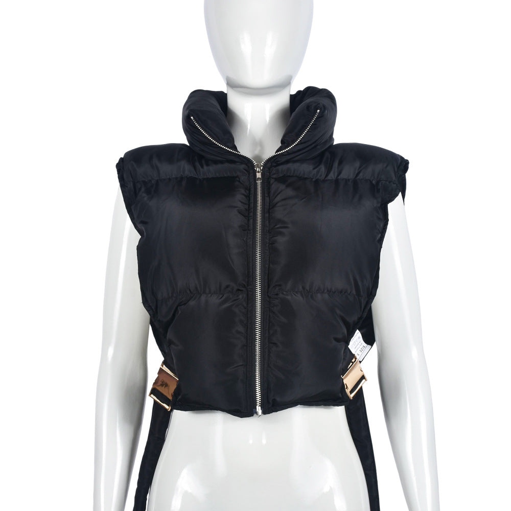 Cotton Padded Zipper Vest Coat Black