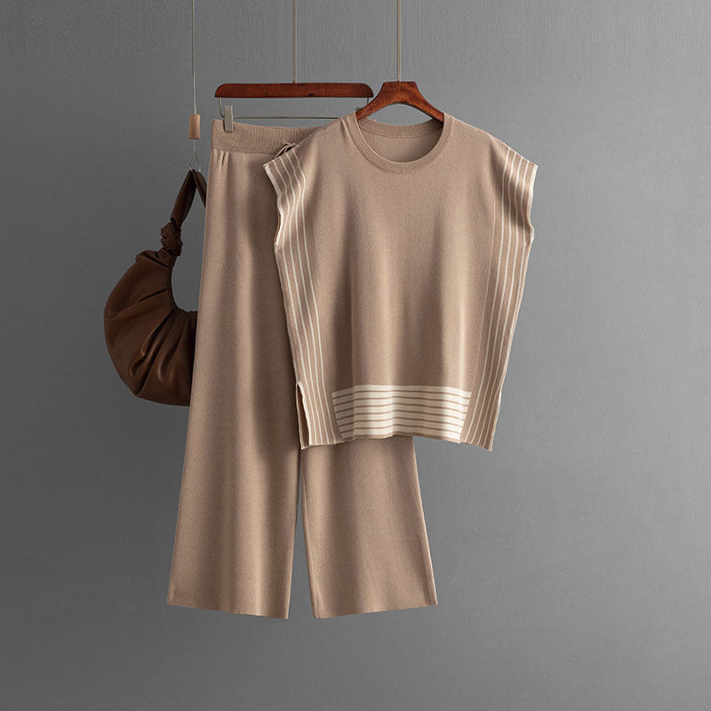 Round Neck Loose Two Piece Knitted Set One Size Khaki