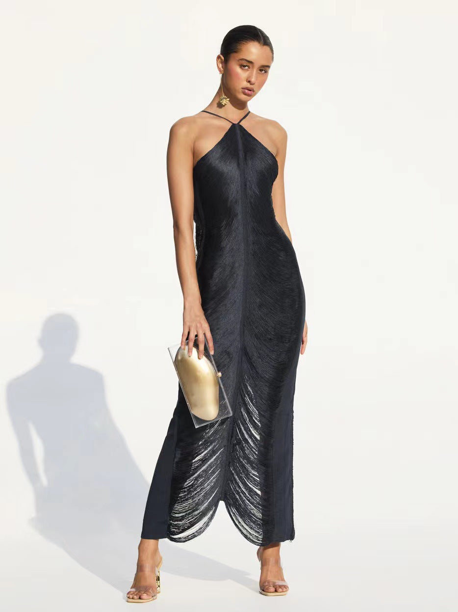 Tassel Back Slit Halter Dress Black