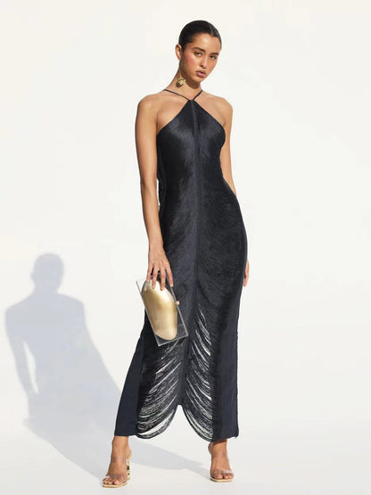 Tassel Back Slit Halter Dress Black