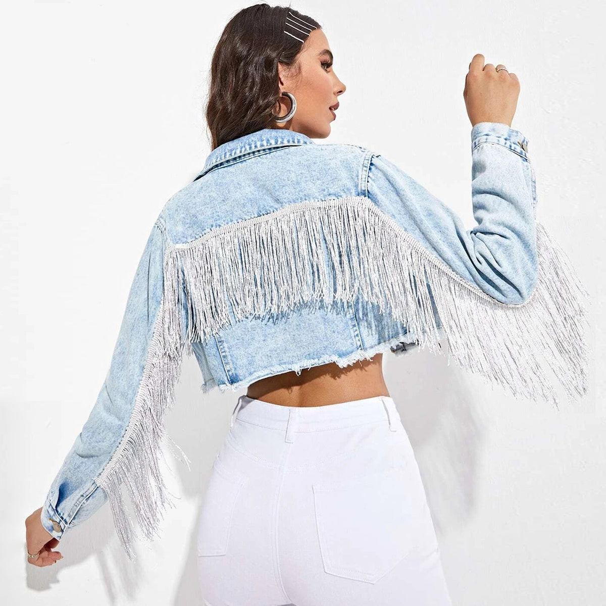 Kylie Tassel Fringe Denim Jacket Light Fried Blue