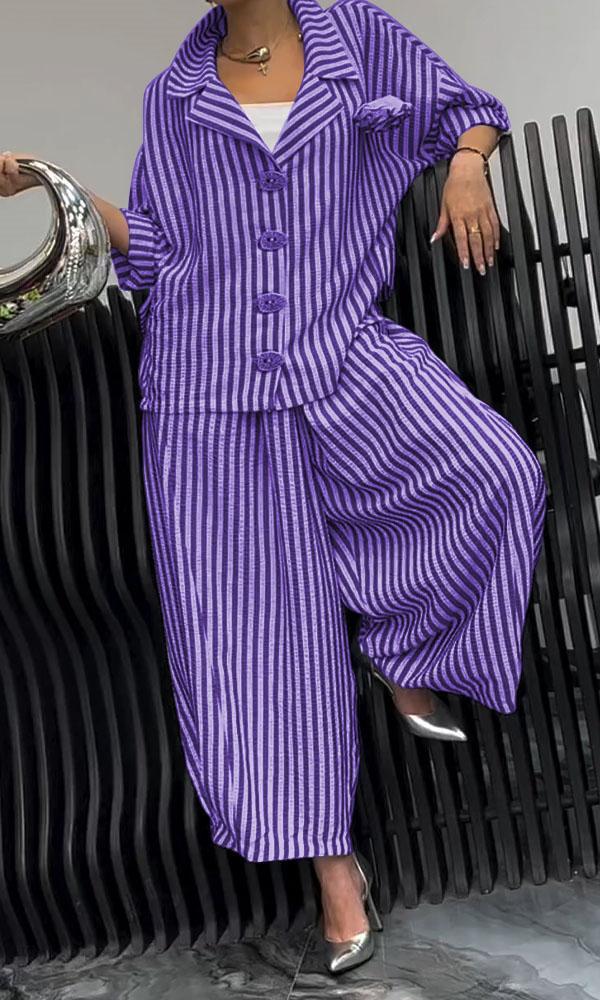 Wide Leg Pinstripe Loose Casual Sets Purple