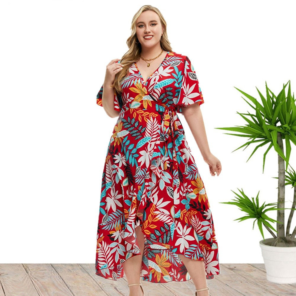 Plus Size Short Sleeve Printed Wrap Dress Red