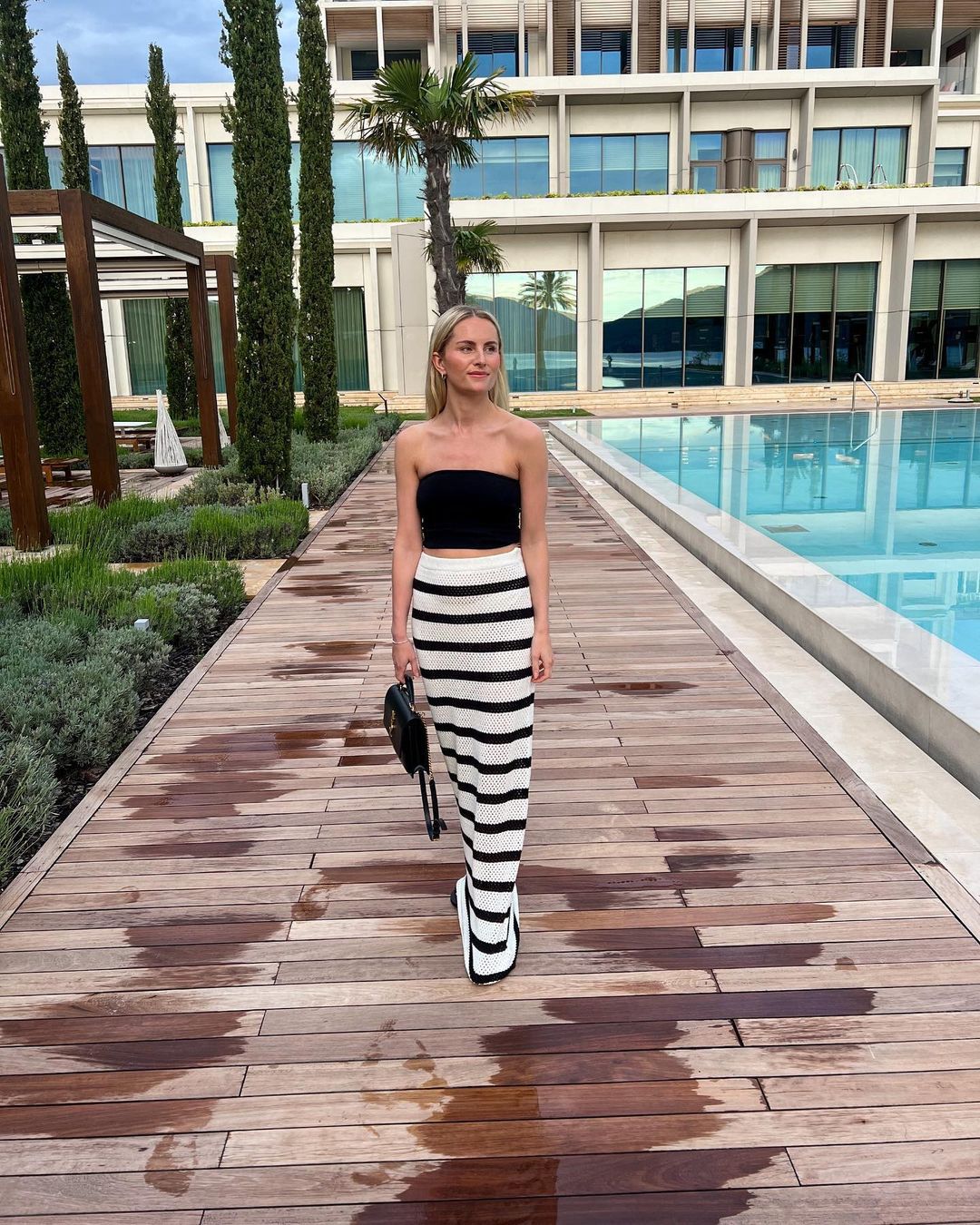 Striped Collared Pocket Short Sleeve Top Suit Beach Bohemian Contrast Color Long Skirt Women White Skirt