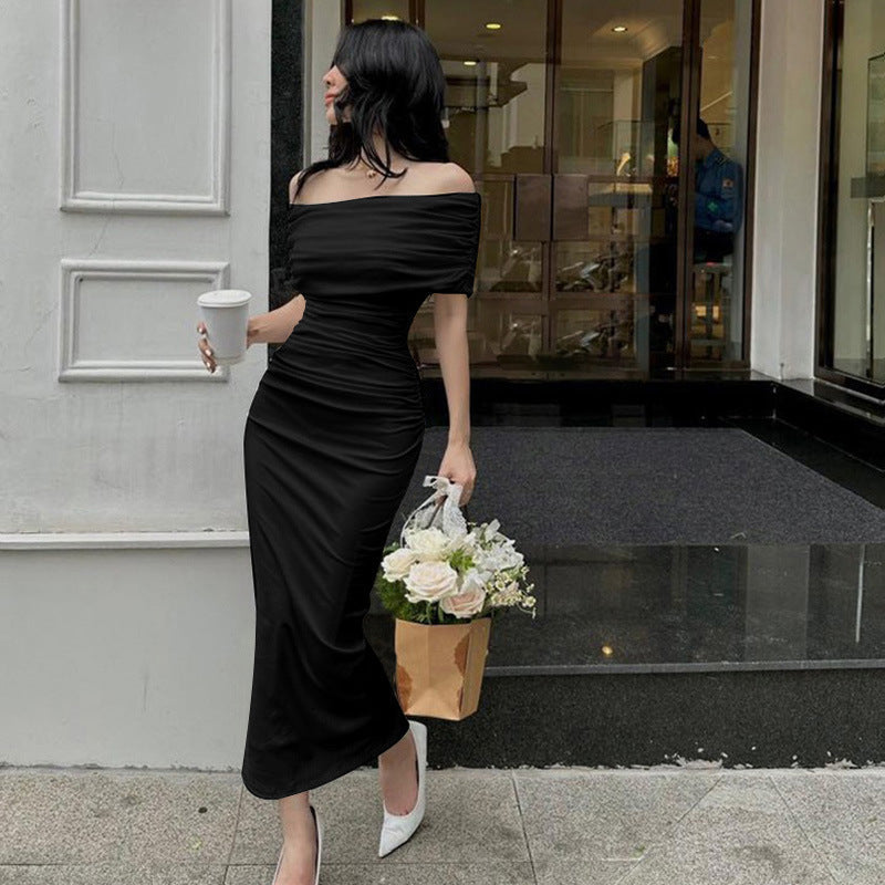 Spring Off Shoulder Pleated Dress Slim Fit Slimming Slit Bottoming Formal Dress Black