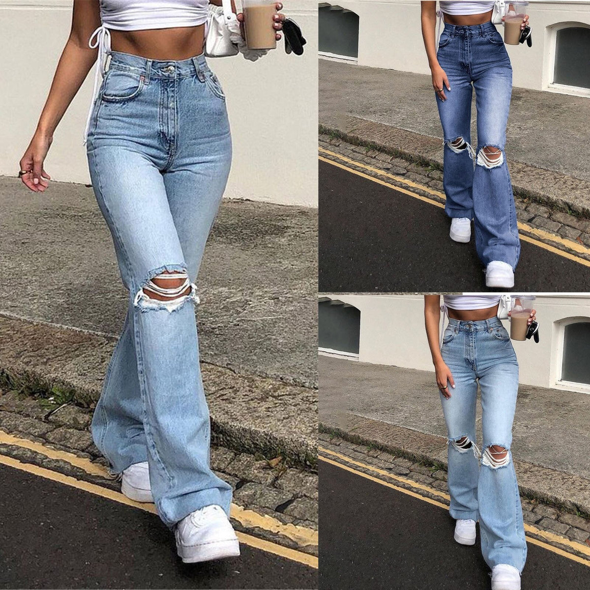 Stretch Slim Knee Hole Bell-Bottom Pants