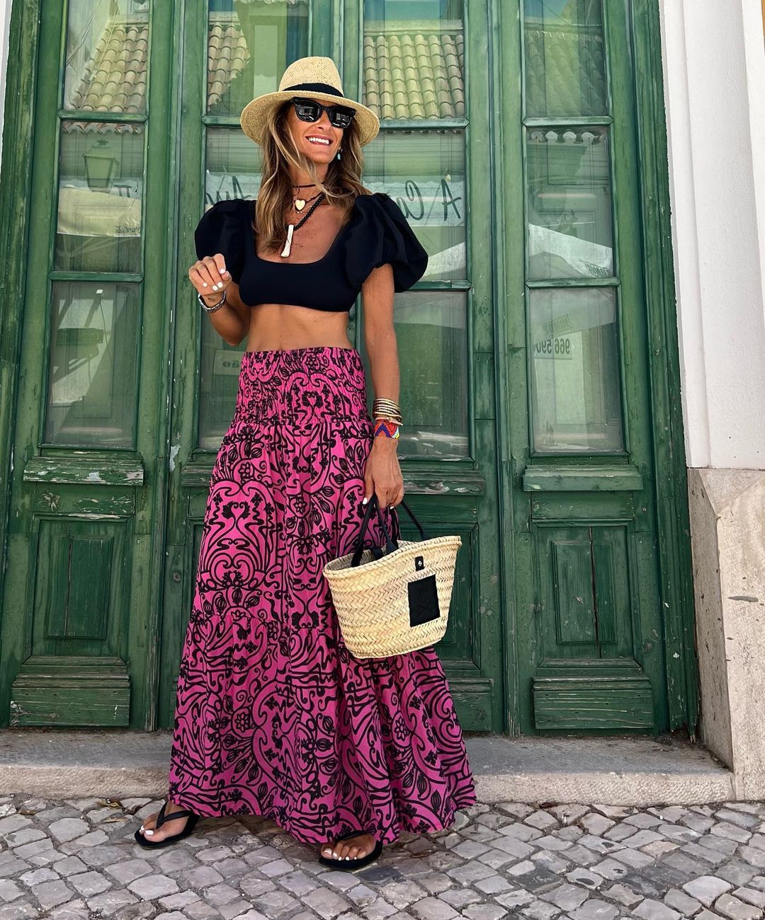 Big Hem Skirt Summer Beach Vacation Casual Printed Skirt Coral Red