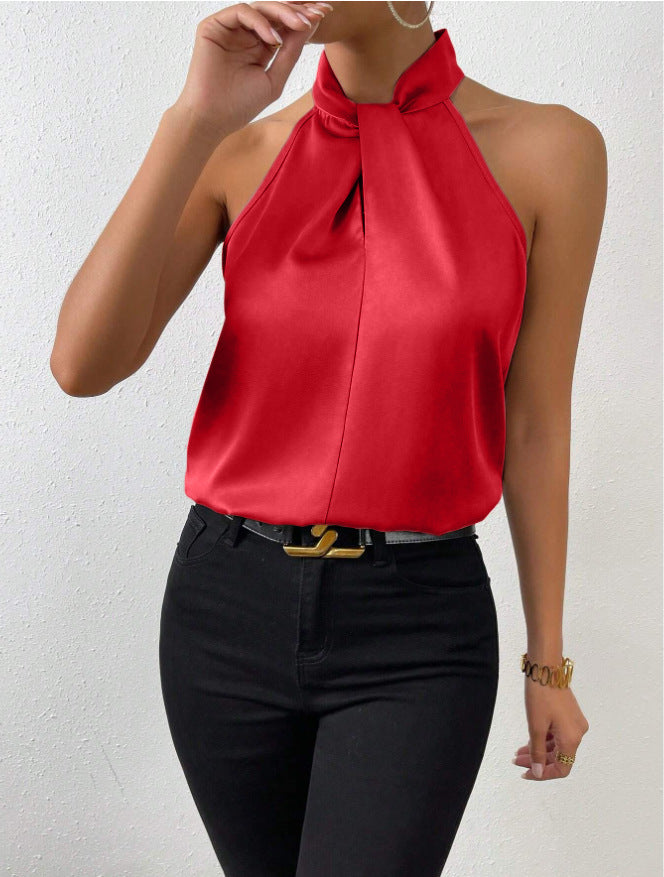 Satin Halter Sleeveless Vest Top Red