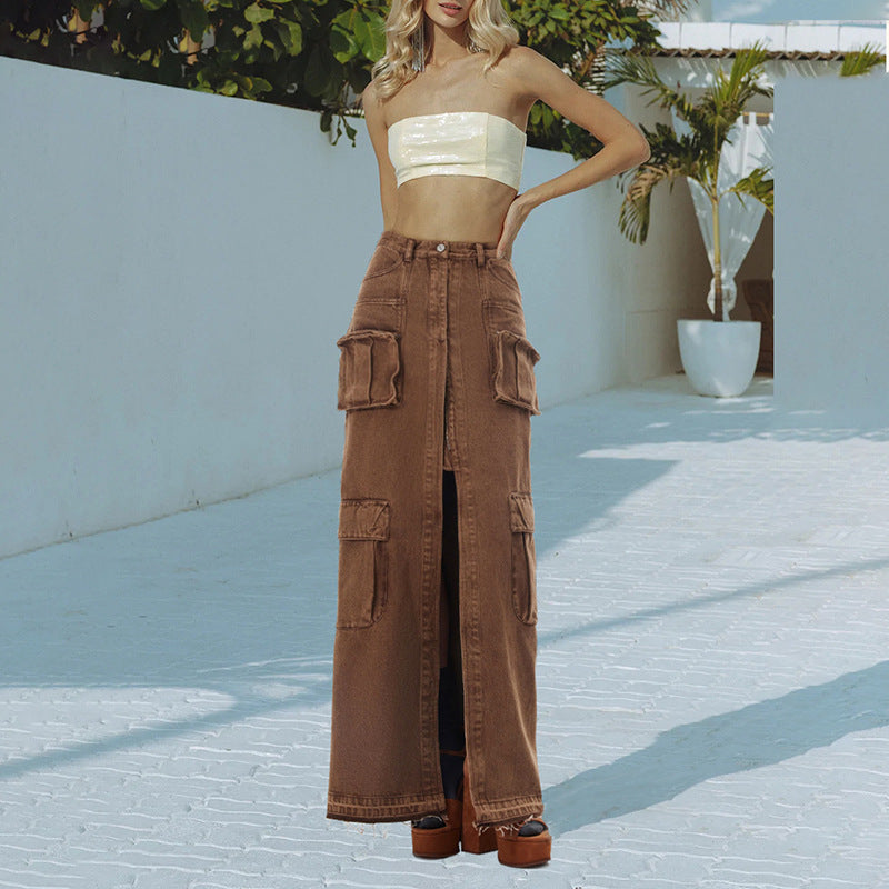 Anita Sexy Long Front Slit Denim Skirt