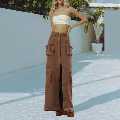 Anita Sexy Long Front Slit Denim Skirt