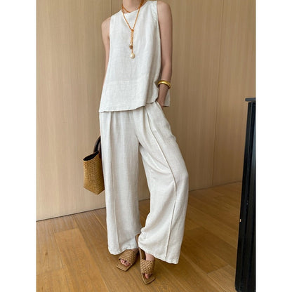 Tencel Linen Vest & Wide Leg Pant Set Beige Clothing
