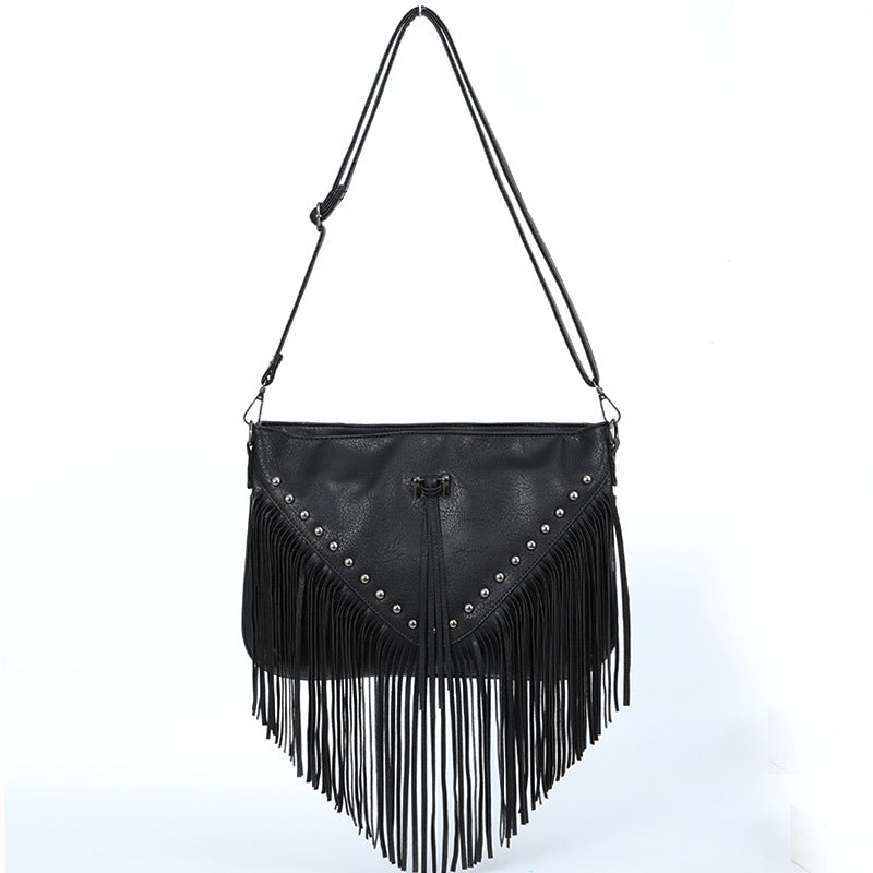 Studded Rivets Soft Leather Casual Crossbody Handbag One Size Black