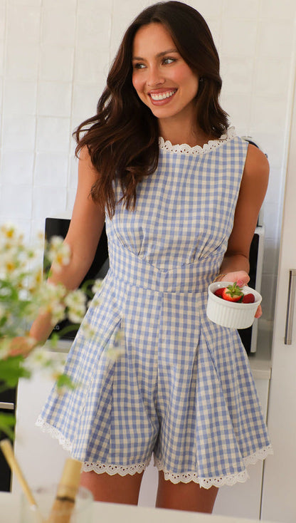 Plaid Waist Tight Sleeveless Playsuit Blue