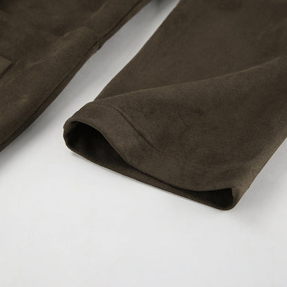 Brown Suede Long Sleeve Long Coat