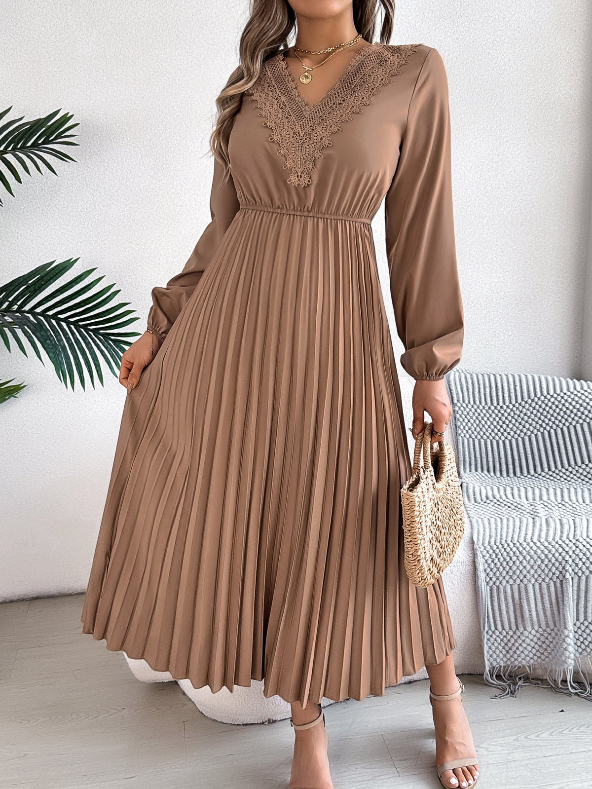 Elegant V neck Lace Pleated Versatile Dress Khaki