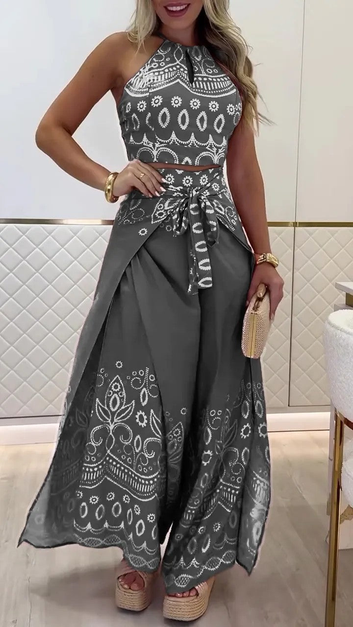 Boho Halter Top & Wide Leg Pants Two Piece Sets Gray