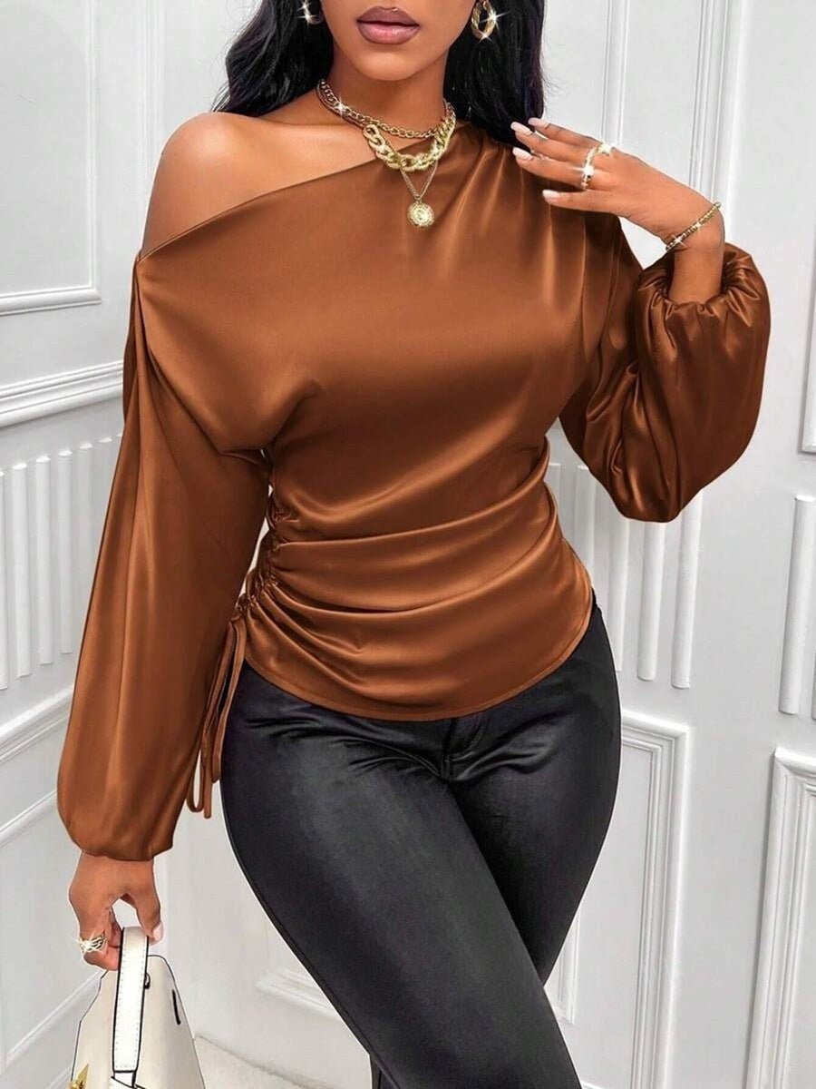 One Shoulder Long Sleeves Top Coffee