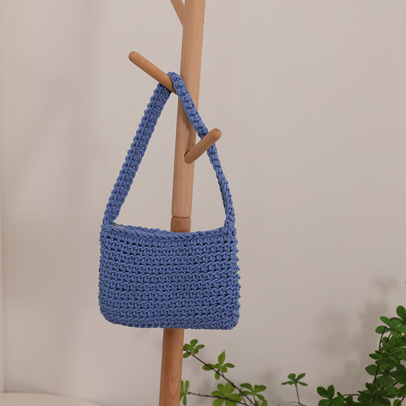Small Shoulder Bag Clutch Versatile Handbag One Size Cotton Thread Shoulder Blue