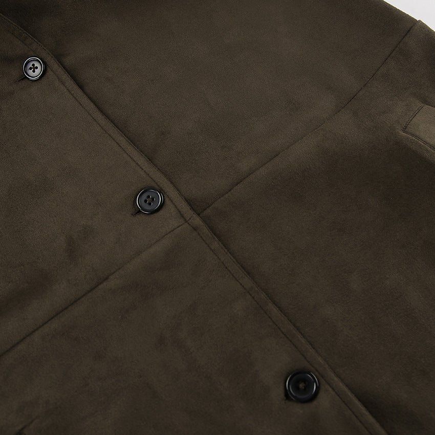 Brown Suede Long Sleeve Long Coat