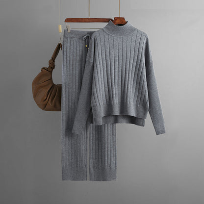 Mock Neck Sweater Set Solid One Size Gray