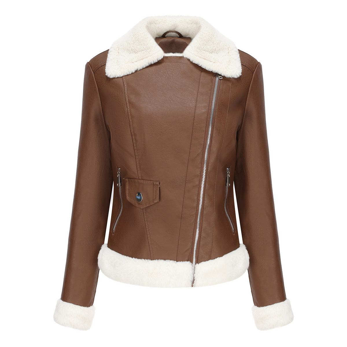 Fleece Trims Leather Jacket Coffee