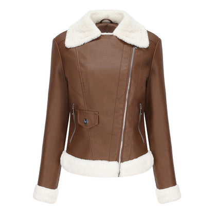 Fleece Trims Leather Jacket Coffee