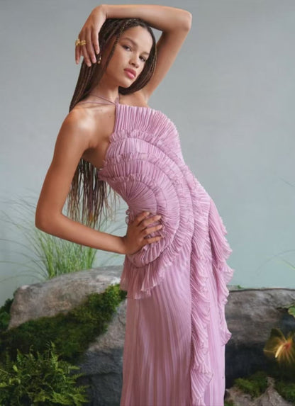 Pleated Halter Chiffon Elegant Dress Khaki