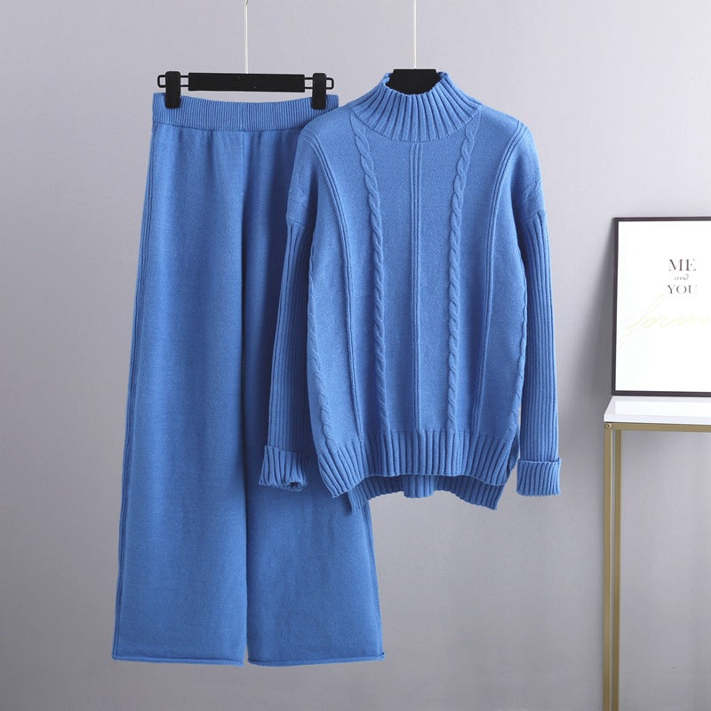 Mock Neck Cable Knitted Two Piece Set One Size Blue