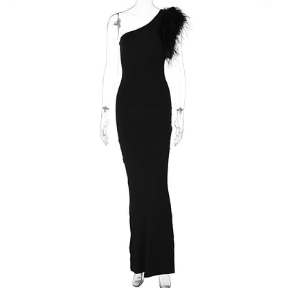 One Shoulder Feather Gown Black
