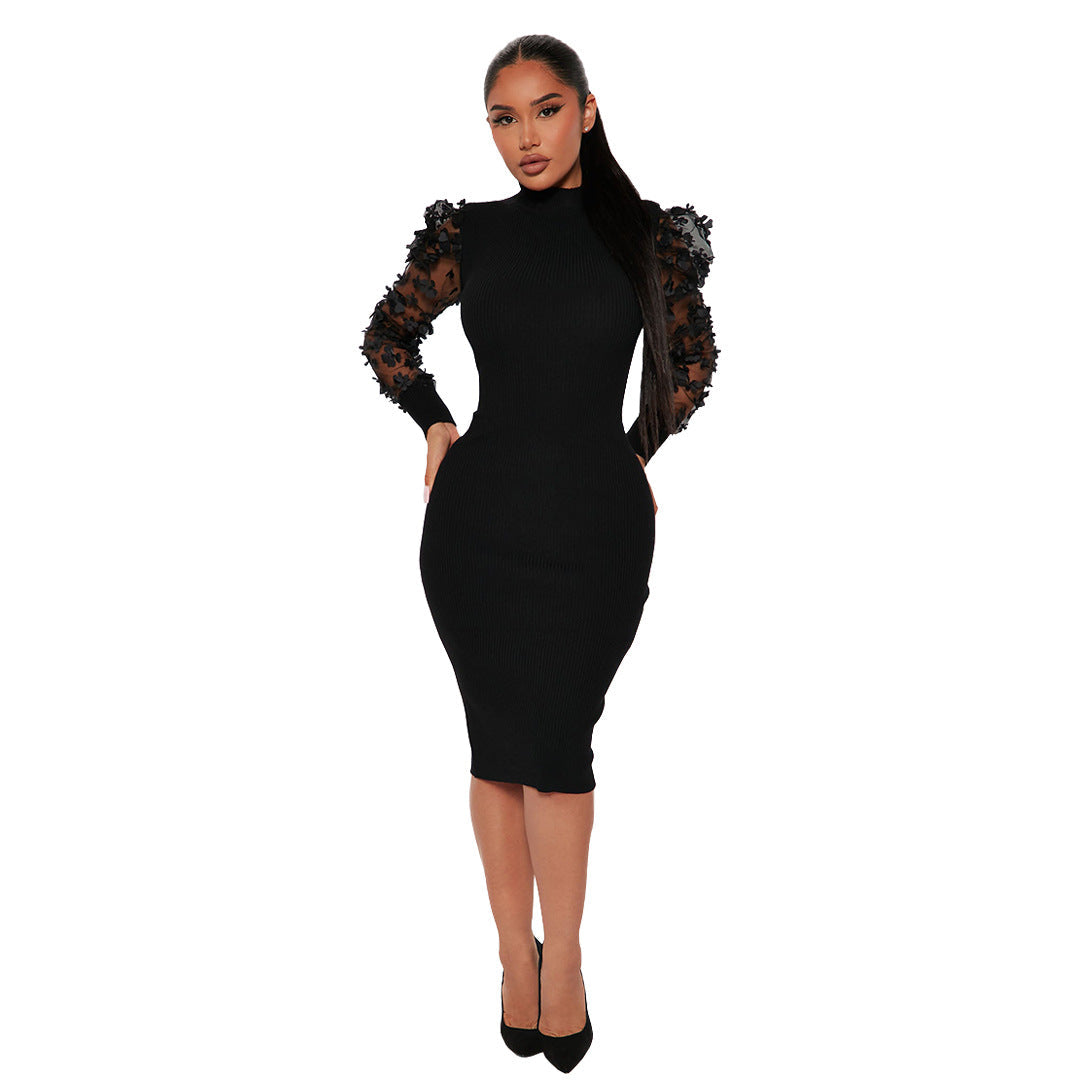 Mesh Sleeves High ollar Dress Black