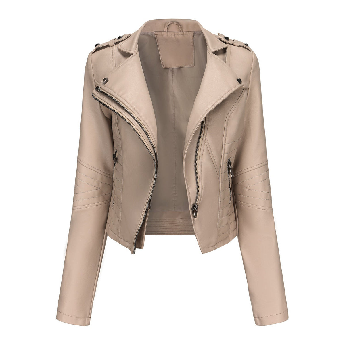Slim Fit Long Sleeved Leather Jacket Ivory