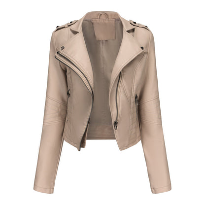 Slim Fit Long Sleeved Leather Jacket Ivory