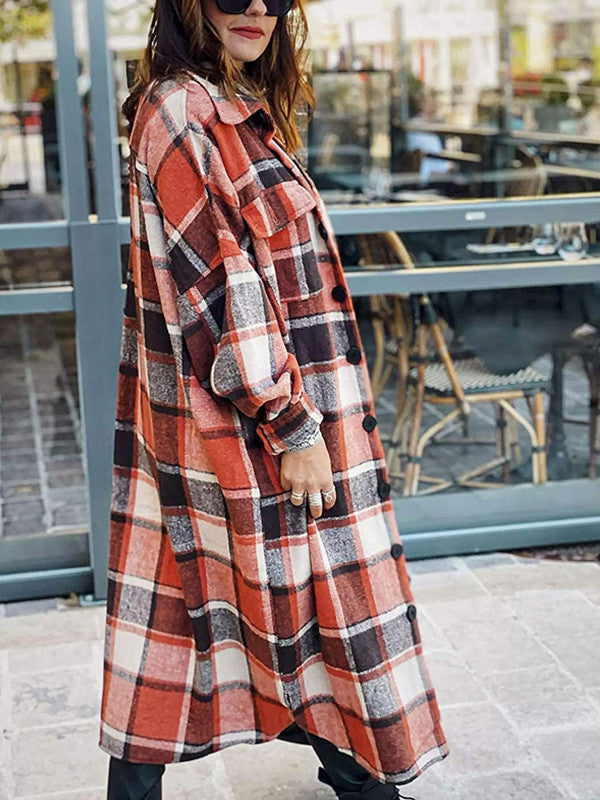 Plaid Woolen Slim Long Coat
