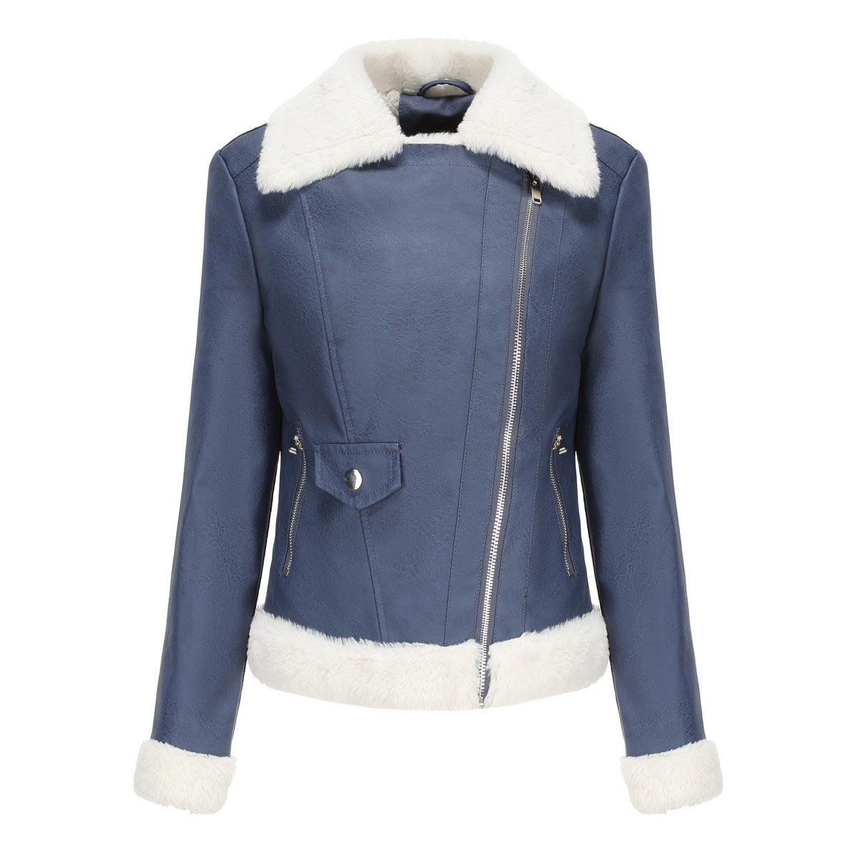Fleece Trims Leather Jacket royal blue