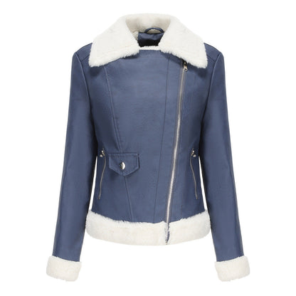 Fleece Trims Leather Jacket royal blue