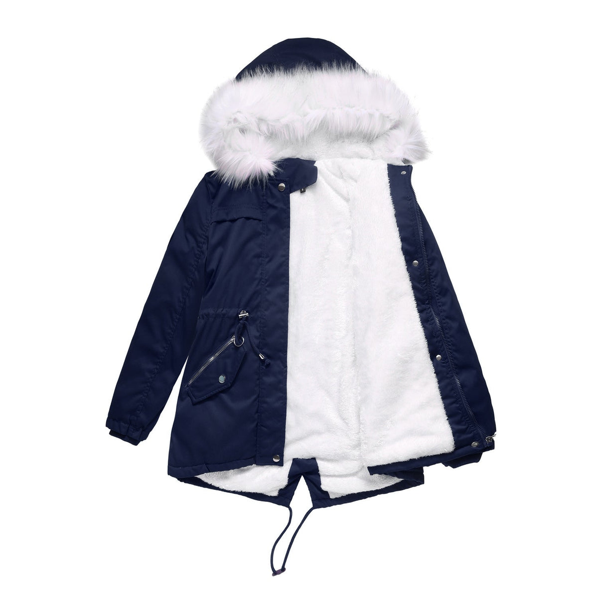 Mid-Length Fleece Lined Coat with Fur Collar Navy Blue