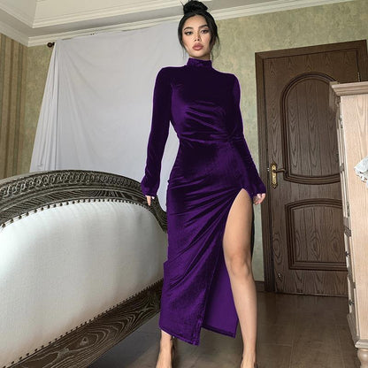 High Neck Pleated Split Party Dress Purple
