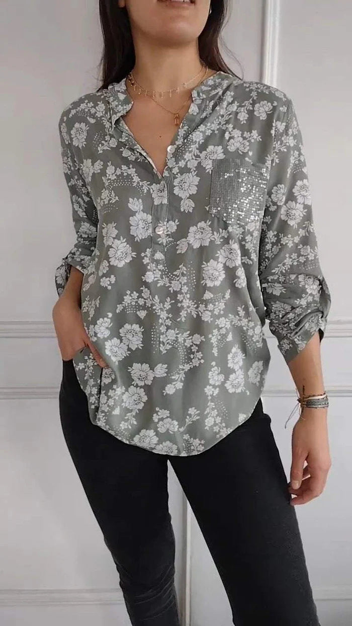 Spring Loose Casual Long Sleeves Printed Sequined Pocket Shirt Green