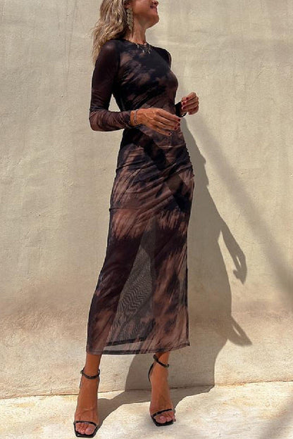 Mesh Printed Fitted Stretch Long Sleeve Dress Black