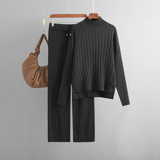 Mock Neck Sweater Set Solid One Size Black