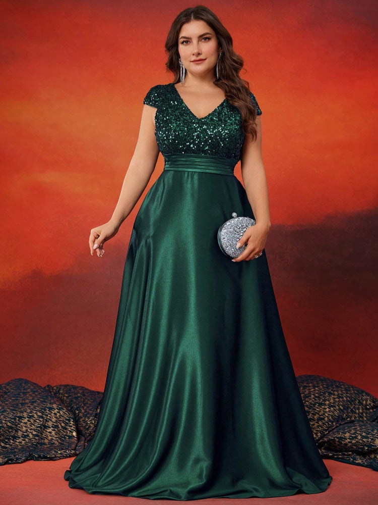 Sequined V neck Evening Dress blackish green