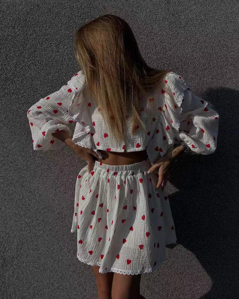 Cotton Linen Ruffled Strawberry Printed Short Skirt Set Red Love