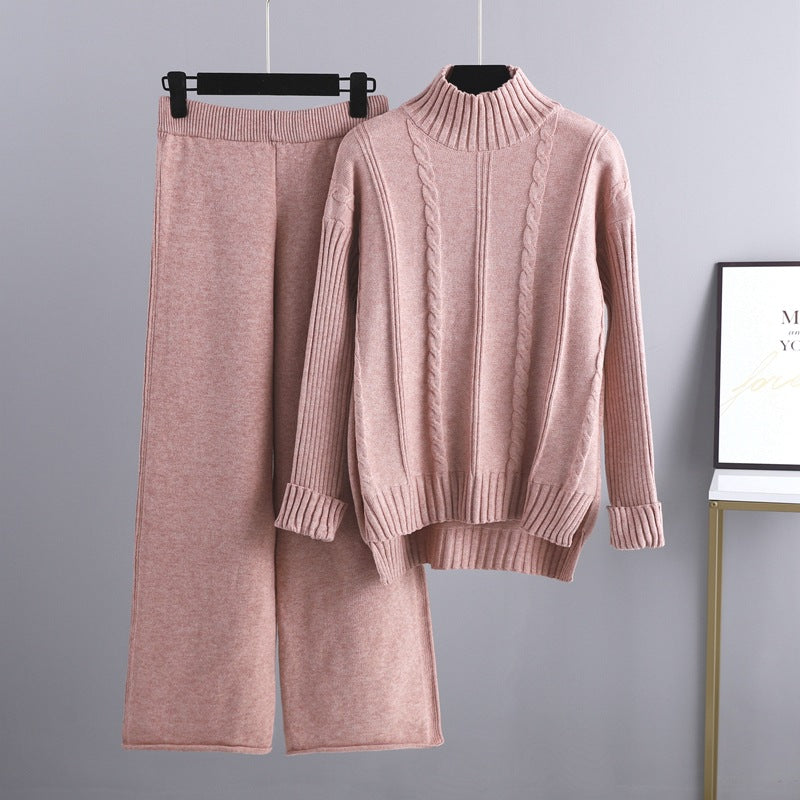 Mock Neck Cable Knitted Two Piece Set One Size Pink