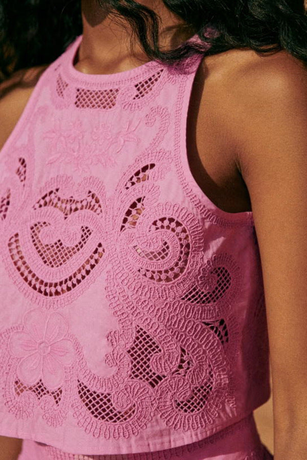 Sleeveless Skirt Pocket Two Piece Set Casual Loose Vacation Split Sets Pink Top