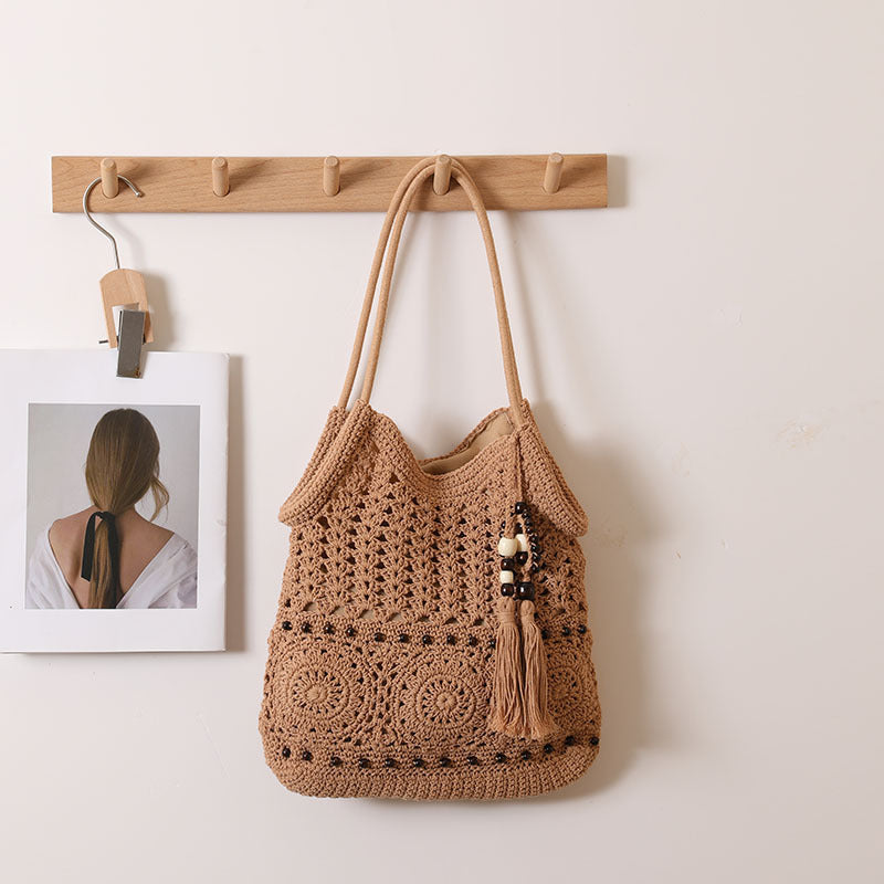 Crochet Maori Beaded Tassel Shoulder Bag Cotton Natural One Size Cotton Thread Sanyuan Coffee