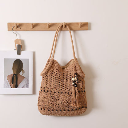 Crochet Maori Beaded Tassel Shoulder Bag Cotton Natural One Size Cotton Thread Sanyuan Coffee
