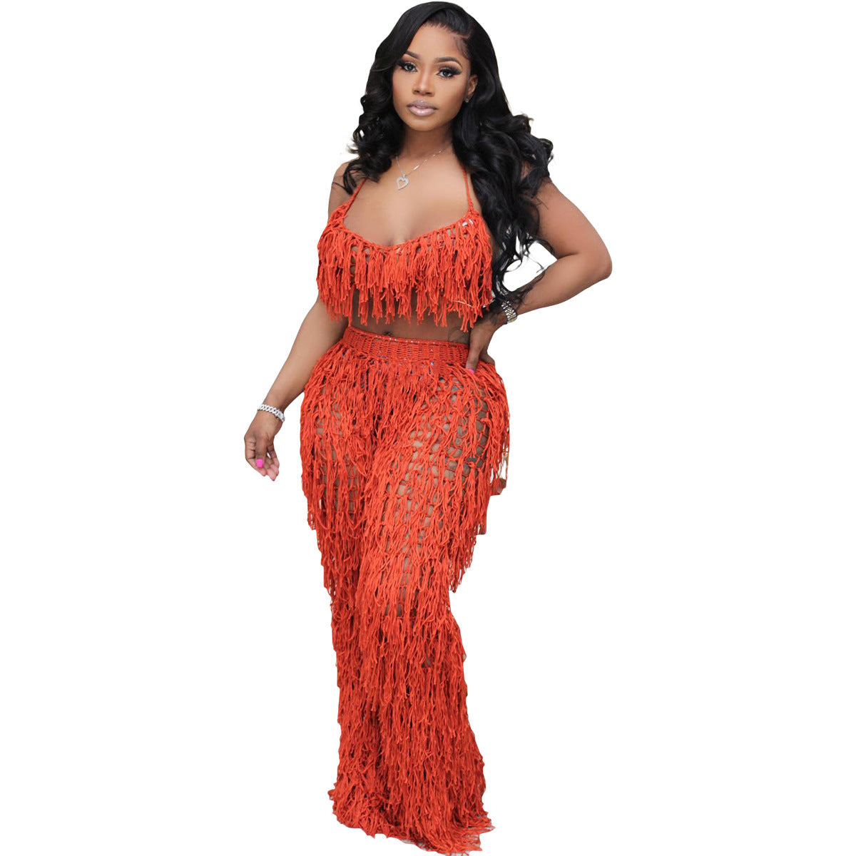 Sexy See through Crochet Tassel Beach Suit Orange