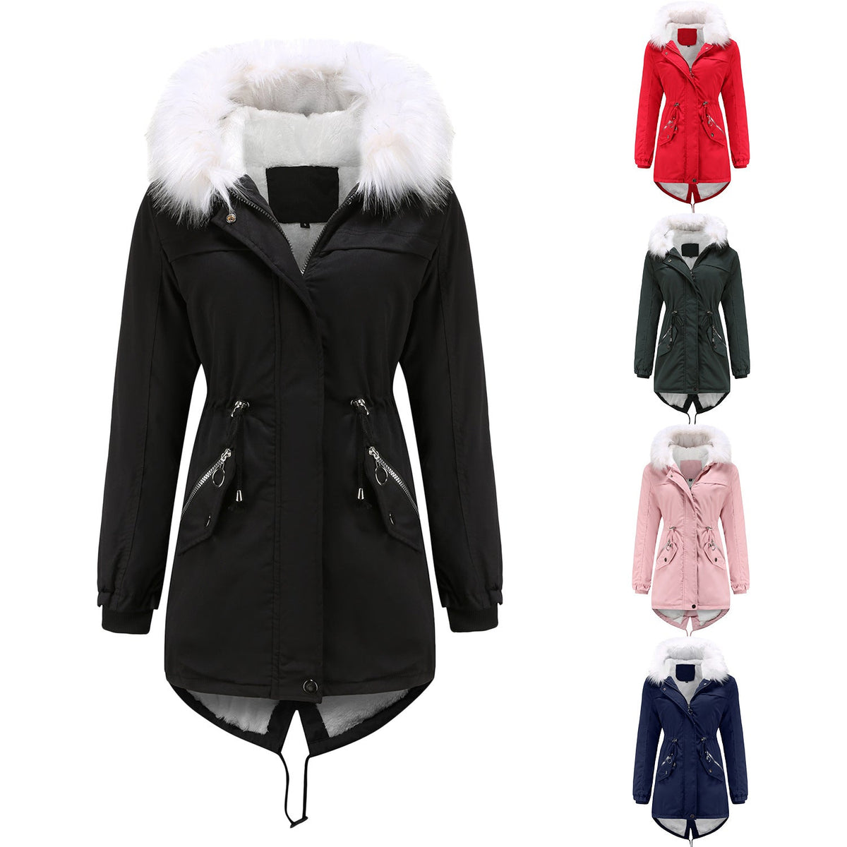 Mid-Length Fleece Lined Coat with Fur Collar